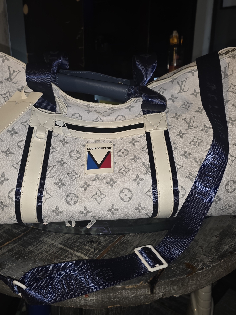 Louis Vuitton White & Navy Monogram Duffel Bag